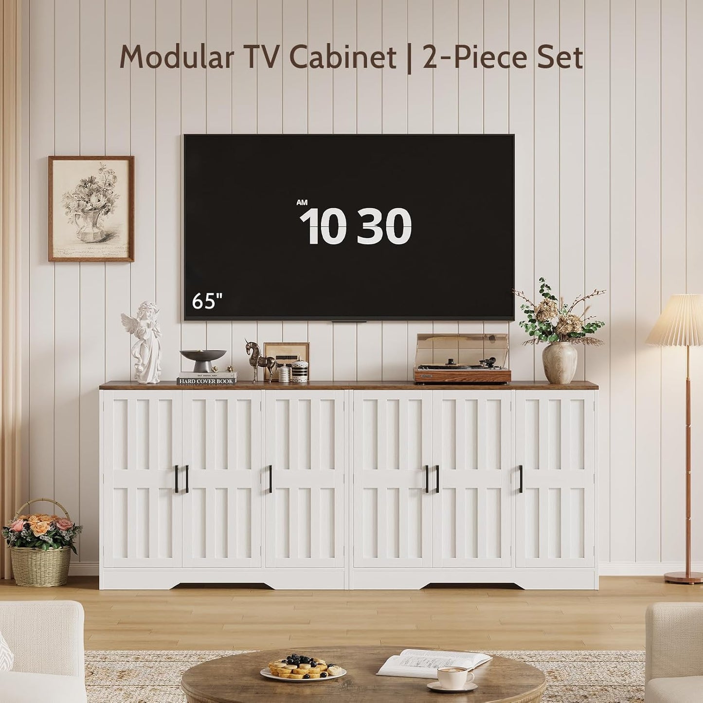 Modern Farmhouse Buffet Cabinet with Storage, 85" Large Sideboard Storage Cabinet with 6 Barn Doors, Coffee Wine Bar Cabinet Wood Table Credenza with Adjustable Shelf for Kitchen Dining Living Room