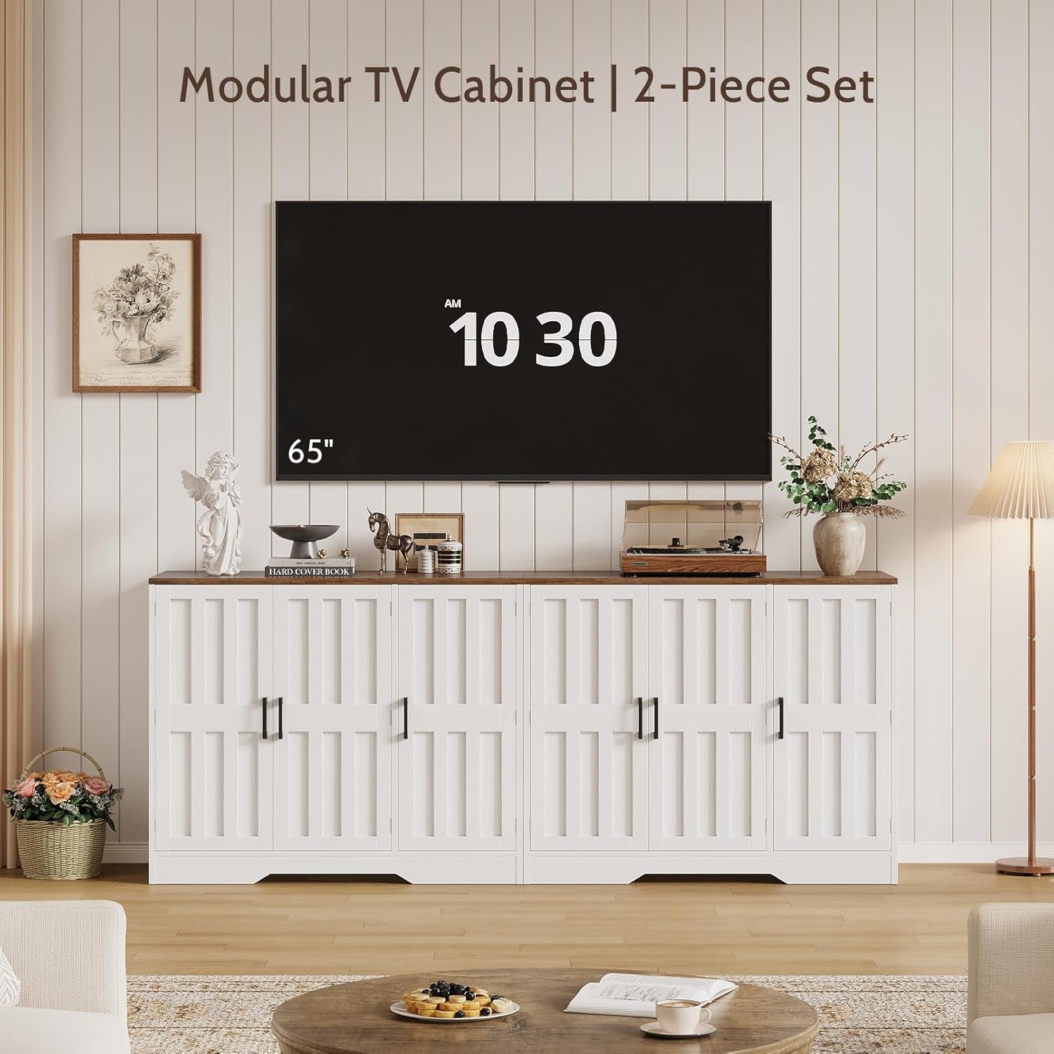 Modern Farmhouse Buffet Cabinet with Storage, 85" Large Sideboard Storage Cabinet with 6 Barn Doors, Coffee Wine Bar Cabinet Wood Table Credenza with Adjustable Shelf for Kitchen Dining Living Room