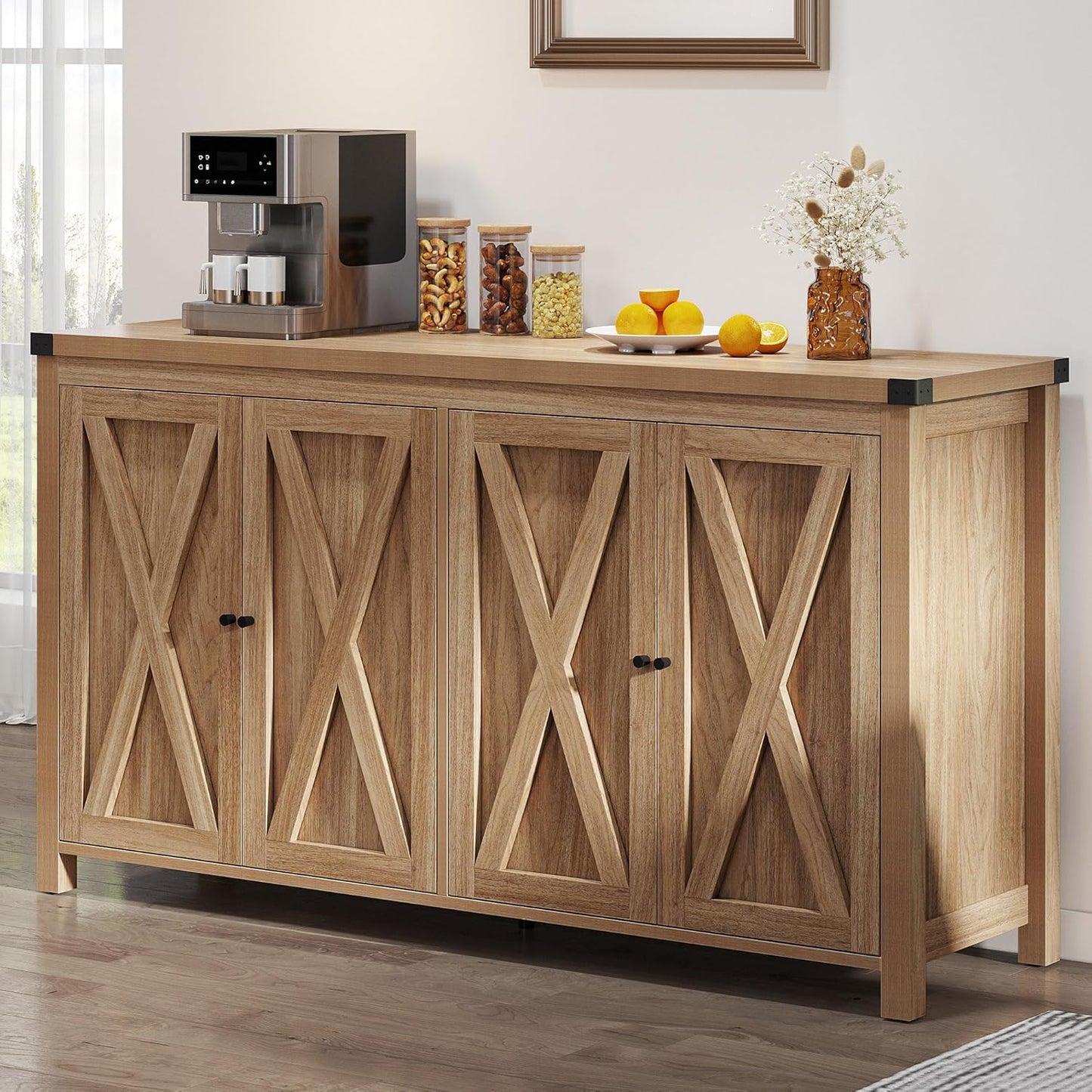 55'' Sideboard Buffet Cabinet with Storage, Farmhouse Large Coffee Bar Cabinet with Adjustable Shelf for Kitchen, Living Room, Oak