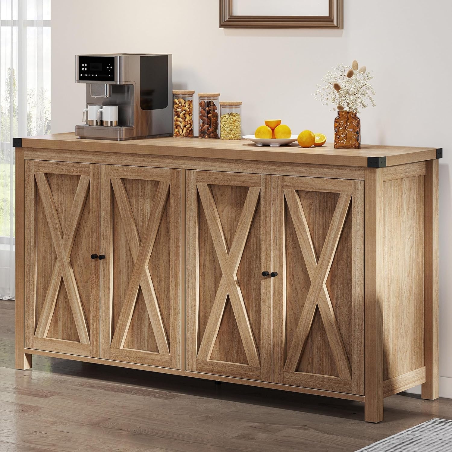 55'' Sideboard Buffet Cabinet with Storage, Farmhouse Large Coffee Bar Cabinet with Adjustable Shelf for Kitchen, Living Room, Oak