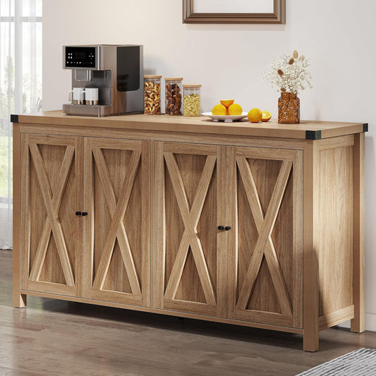 55'' Sideboard Buffet Cabinet with Storage, Farmhouse Large Coffee Bar Cabinet with Adjustable Shelf for Kitchen, Living Room, Oak