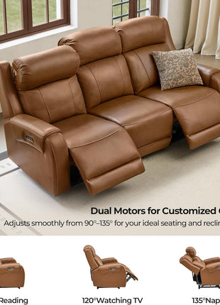 Genuine Leather Power Recliner Sofa with Wall Hugger Design, Dual Motors, USB Charging Ports, Ideal for Living Room and RV, Saddle Leather Finish