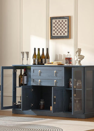 58.27" Contemporary Farmhouse Buffet Cabinet with Dual Drawers, LED Illumination, Adjustable Shelving, and Spacious Glass Door, Blue Finish with Gold Accents