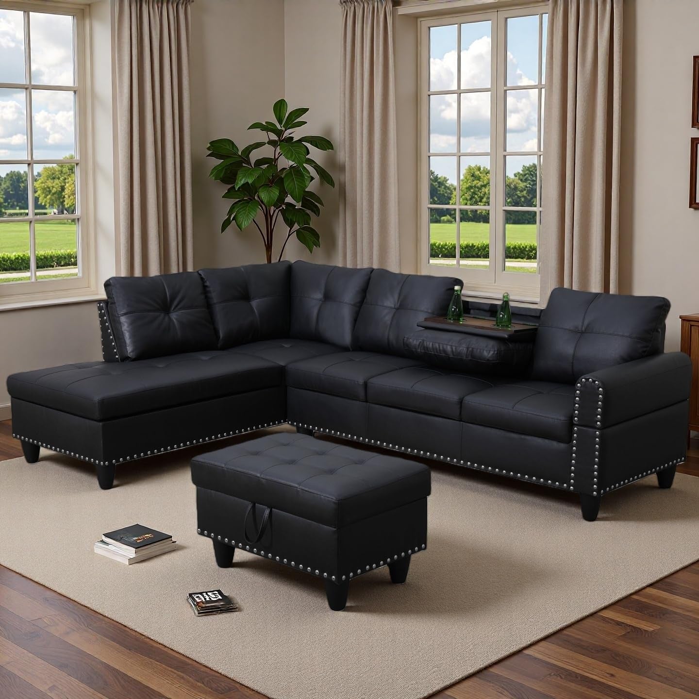 97.5" L Shaped Couch Set, Modular Sectional Couches for Living Room with Storage Ottoman, 4 Seat Home Sofa Living Room Furniture Sets with Chaise for Apartment Office (Leather, Black)