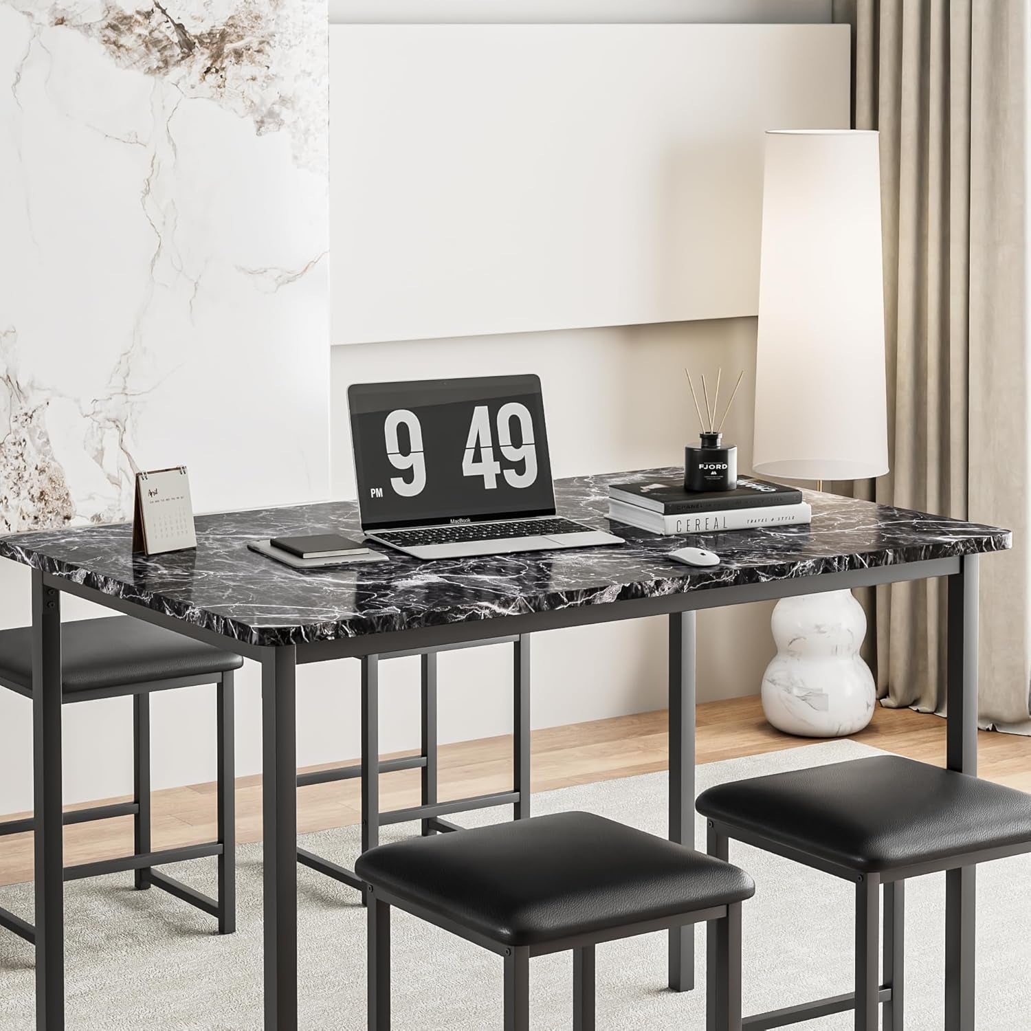 Kitchen Table and Chairs for 4, Dining Room Set with PU Chairs/Stools, Heavy-Duty Metal Frame, Faux Marble Tabletop, Space-Saving Design for Small Spaces, Easy Assembly, Veined Black