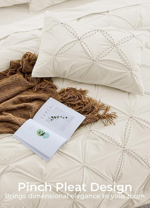 7-Piece Queen Comforter Set, All-Season Pintuck Bedding Ensemble in Beige, Includes Comforter, Flat Sheet, Fitted Sheet, Pillowcases, and Pillow Shams