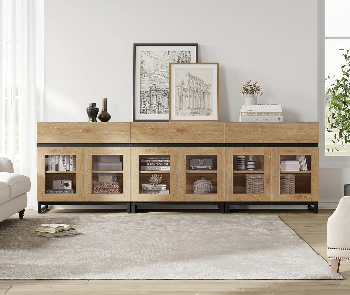 3 in 1 Multifunctional Sideboard Buffet Cabinets with 6 Glass Doors, Modern Sideboard Credenza, Coffee Bar Storage Cabinet for Living Room, Kitchen, Oak