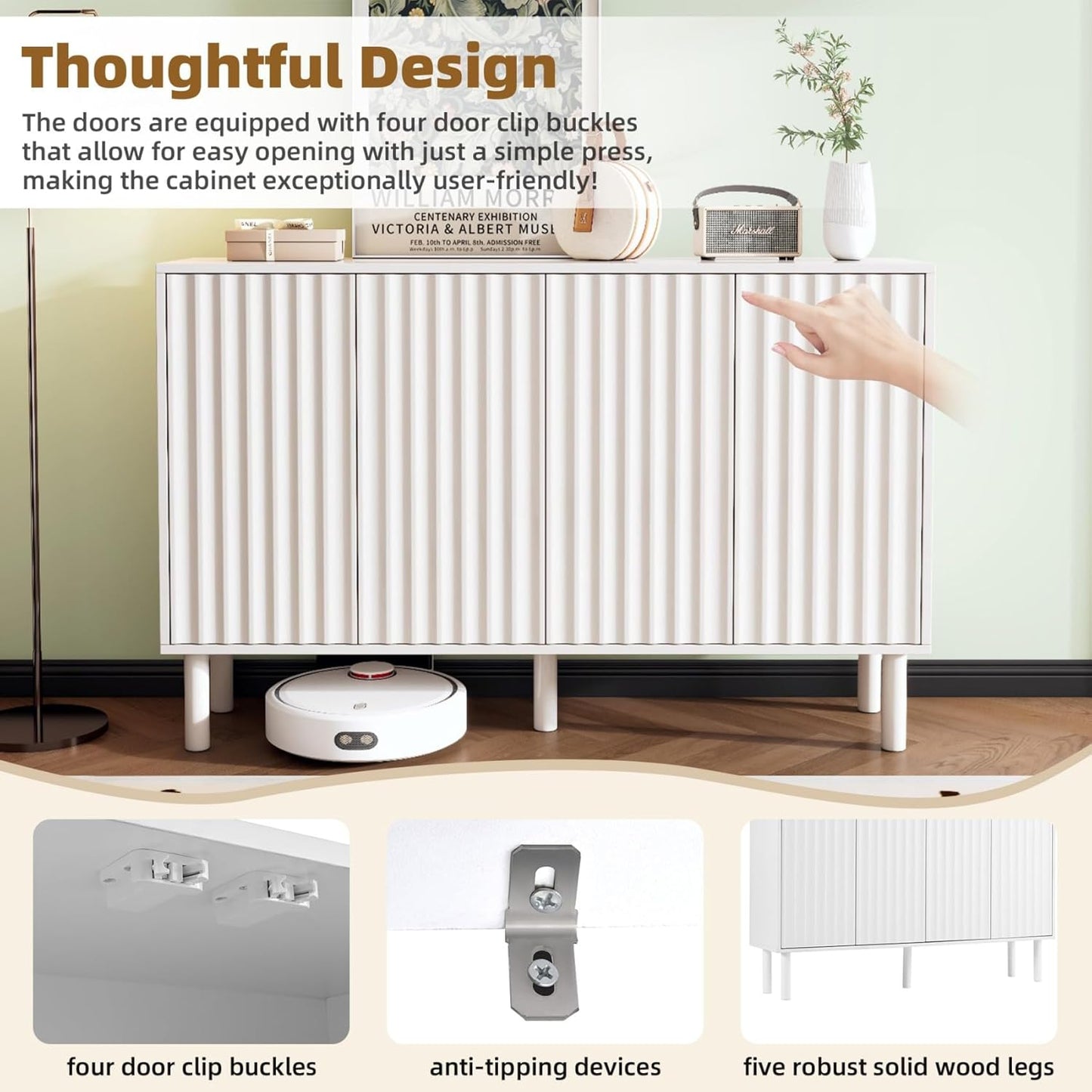 55” Shoe Cabinet Storage for Entryway with 4-Door, Freestanding Sideboard Buffet Hidden Table Organizer for Dinning Kitchen Living Room, Solid Wood Legs, Adjustable Shelves