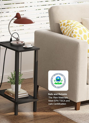 Set of 2 Compact End Tables with Integrated Charging Station, USB Ports, and Outlets - Sleek Sofa and Nightstand for Living Room and Bedroom, Black TB01BK0602