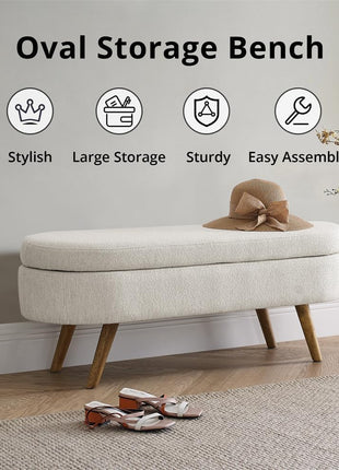 43.5-Inch Upholstered Storage Ottoman Bench with Safety Hinge, Beige Linen, Ideal for End of Bed and Entryway Seating, Supports Up to 330 lbs