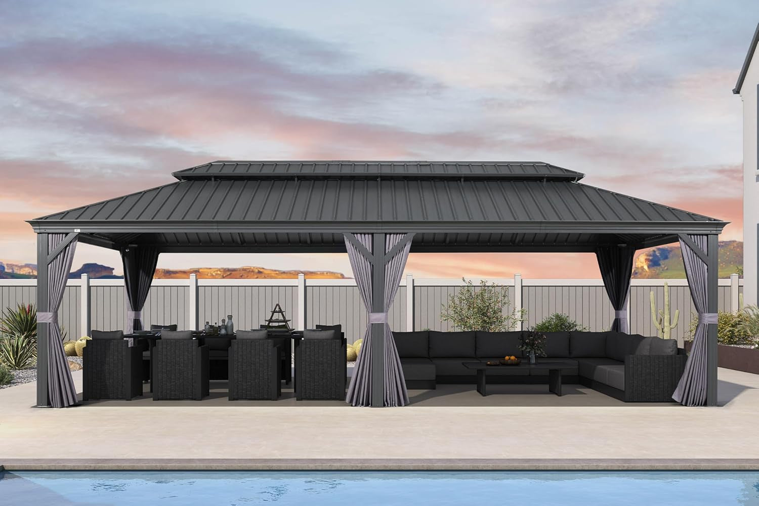 14' X 28' Outdoor Large Gazebo Permanent Hardtop Gazebo with Galvanized Steel Double Roof for Patio Lawn and Garden, Curtains and Netting Included Grey