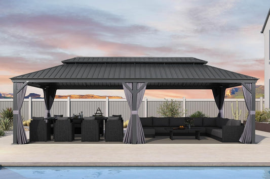 14' X 28' Outdoor Large Gazebo Permanent Hardtop Gazebo with Galvanized Steel Double Roof for Patio Lawn and Garden, Curtains and Netting Included Grey