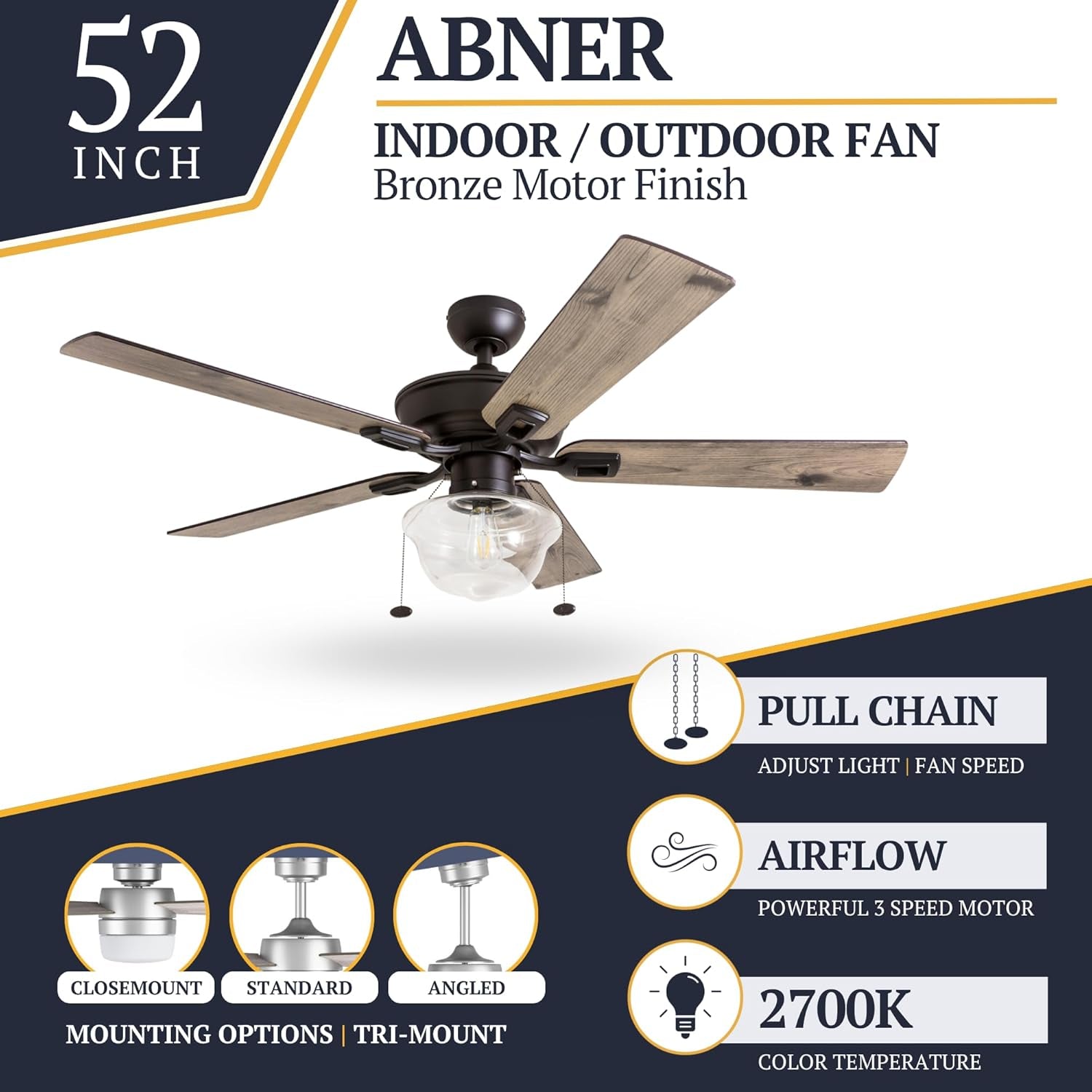 Abner Modern Farmhouse 52 Inch Ceiling Fan with Light, Outdoor Fan/Indoor Tri-Mount LED Ceiling Fan with 5 Blades, Silver Oak and Maple Brown Blade Finish Options, Bronze (80091-01)