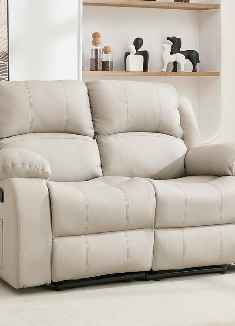 Reclining Loveseat Sofa in Beige Leather with Side Pocket for Living Room, RV, and Home Theater