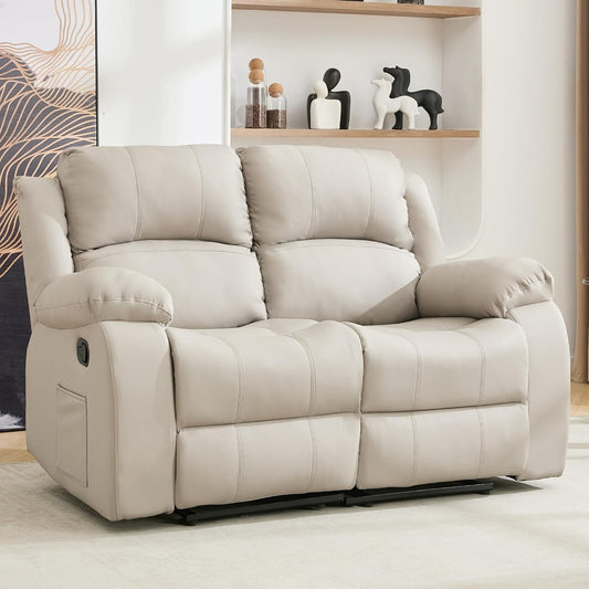 Reclining Loveseat Recliner Sofa, 2 Seat Leather Recliner Couch with Side Pocket for Living Room, RV, Home Theater(Loveseat,Beige)