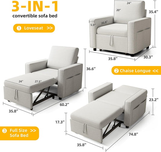 Convertible Sleeper Chair, 3-In-1 Sofa Bed with Pull-Out Bed, 75" Single Sleeper Couch with Reclining Backrest and Wide Armrest, Linen Futon Couch for Dorm Apartment, Beige