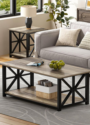 39-Inch Farmhouse Coffee Table with Storage Shelf and Rounded Corners - Gray Wash Finish, Space-Saving Design, Easy Assembly for Living Room