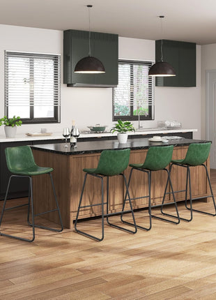 Set of 3 Contemporary 26-Inch Counter Height Bar Stools with Backrest, Faux Leather Upholstery, Metal Legs and Footrest, Perfect for Kitchen Islands (Green)