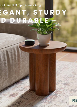 Gaia Round End Table - Solid Mango Wood for Rustic Elegance in Living Room and Farmhouse Décor - Versatile Side Table and Nightstand in Walnut Finish