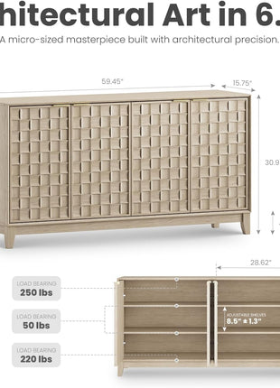 Mid-Century Modern Fluted Sideboard Cabinet - Solid Wood Buffet with Adjustable Shelves, Walnut Finish, and Oak White Accents for Dining Room Storage