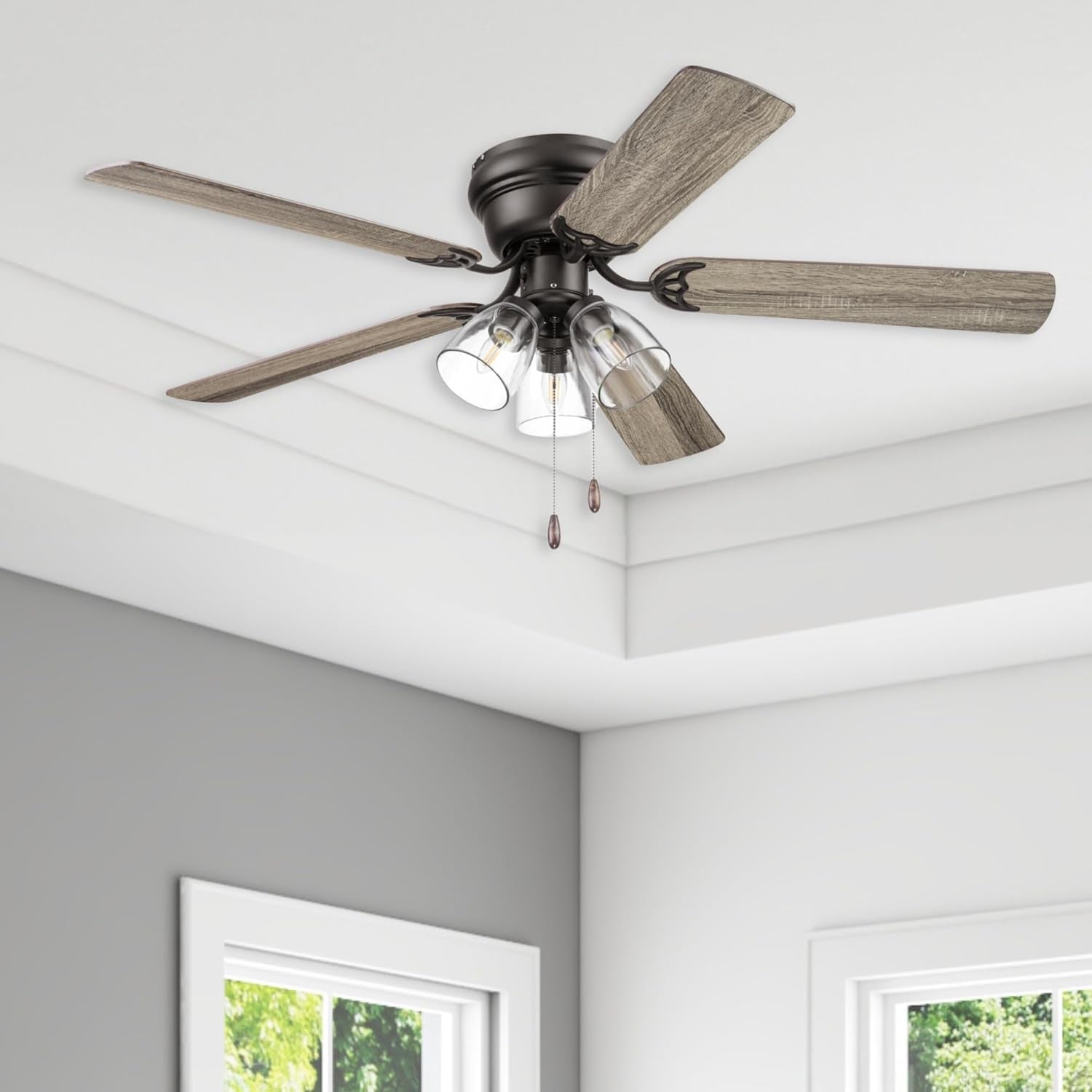 Ceiling Fans 52" Renton Bronze Indoor Fan with Clear 3 Light LED Multi Arm; E26/B11 Bulb and Pull-Chains, Traditional Style, 5 Reversible Barnwood/Dark Chestnut Blades, 51439