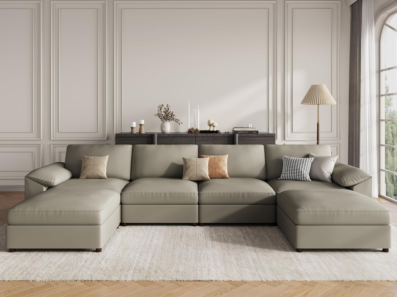 Oversized U Shaped Couch,Modular Sectional Convertible Sofa with Wide Deep,Extra Large Faux Leather Scratch Resistant Modern Couch for Big Spaces,Light Grey