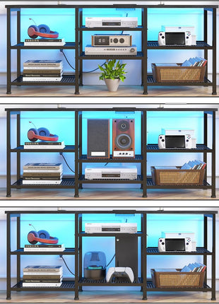 Contemporary TV Console for Screens up to 55 Inches with Integrated Power Outlet and LED Lighting, Featuring Open Storage Shelves for Living Room and Bedroom, Black Finish