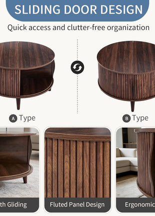 Mid-Century Modern Round Coffee Table with Storage - 31.69" Fluted Center Table for Living Room, Rustic Wood 2-Tier Design with Sliding Cabinet Door, Brown