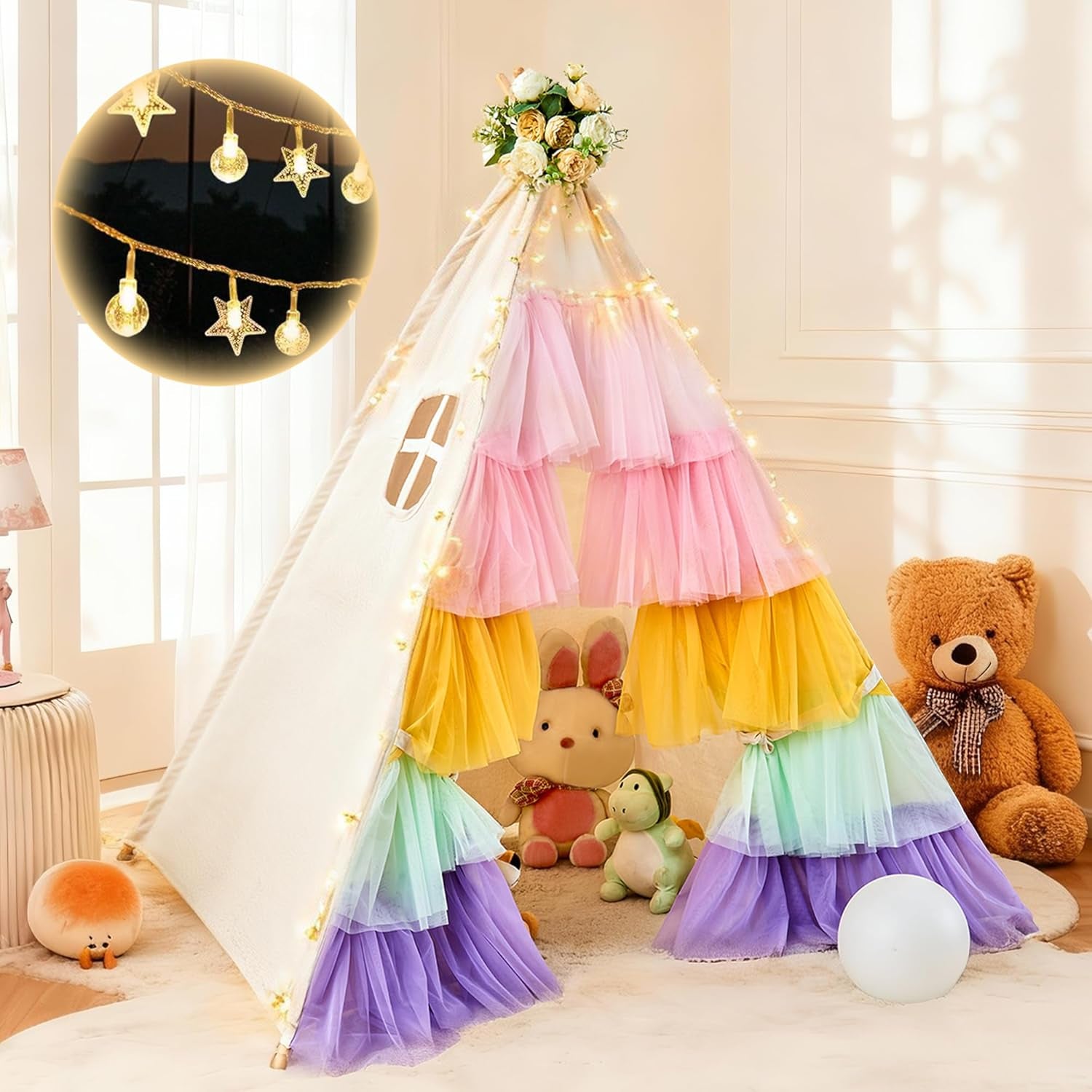 Teepee Tent for Kids, Toddler Teepee with Star Lights & Rainbow Tulle, Girls Princess Play Tent, Foldable Kids Teepee Tent for inside Playhouse Kid Toy Gift