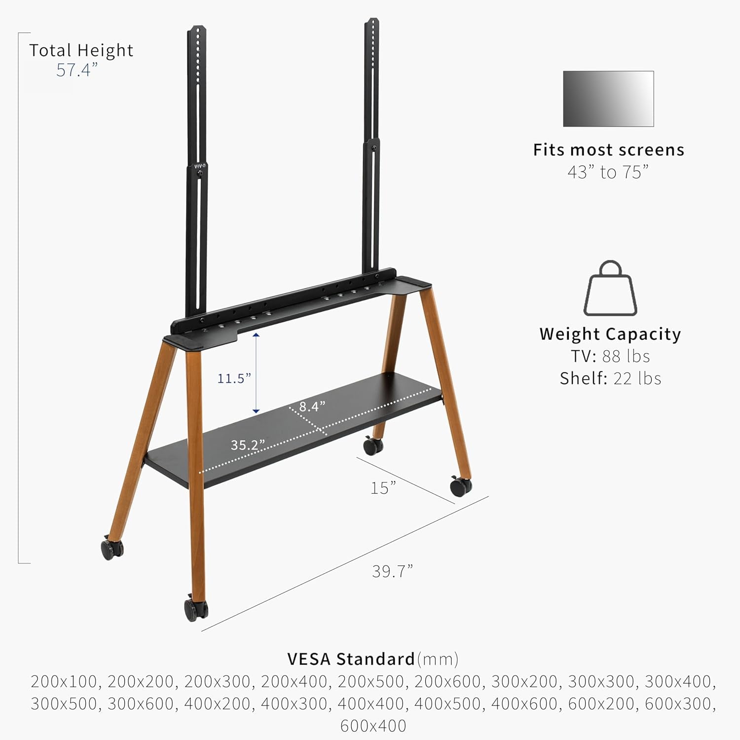 Rolling Artistic 43 to 75 Inch LED LCD Screen Mobile Studio TV Easel Stand, Wood Accessory Shelf, Adjustable TV Mount with 4 Walnut Legs, Black Frame, STAND-TV75R