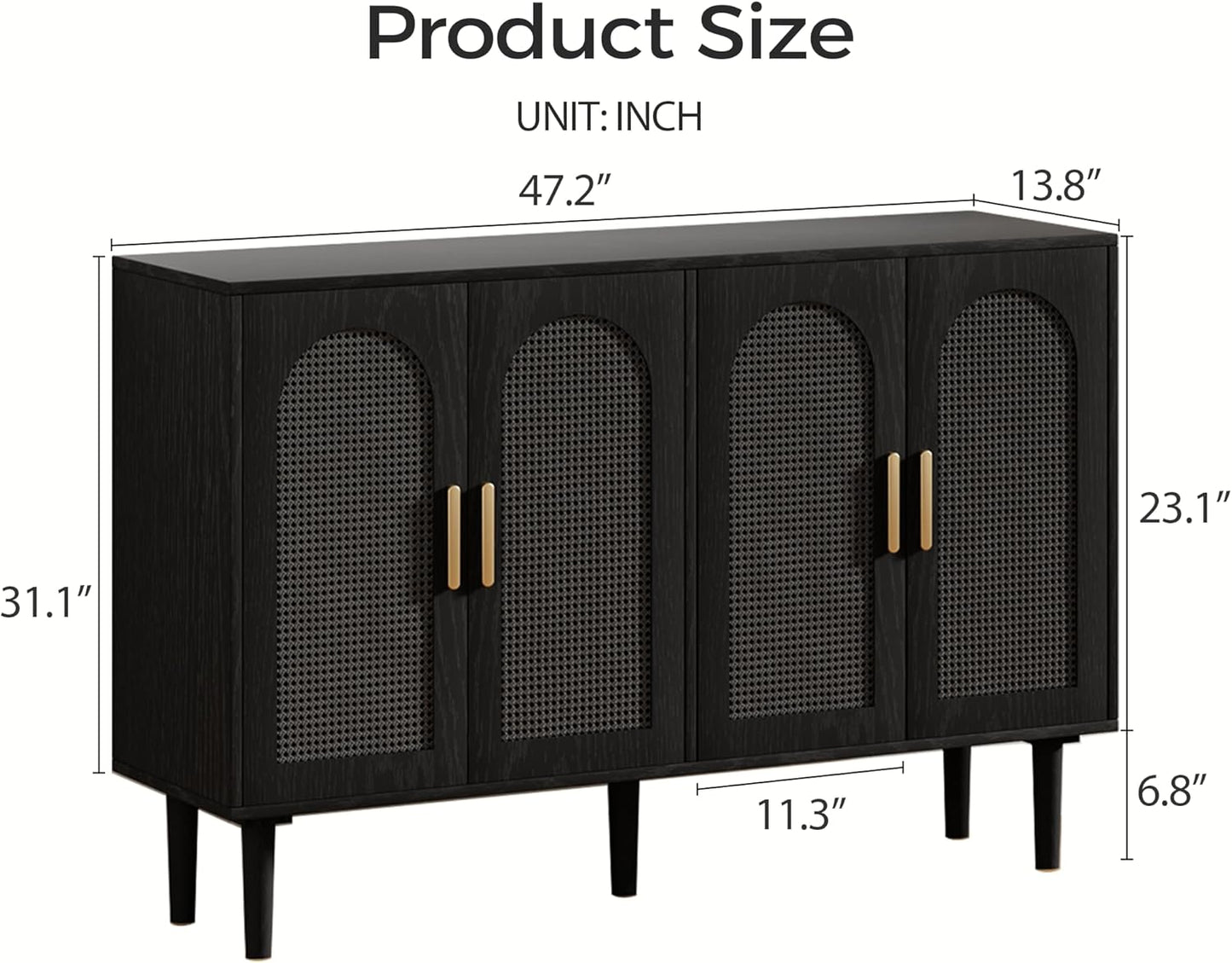 Modern Rattan-Door Sideboard Cabinet – 4-Door Credenza Buffet with Ample Storage, Large Accent Cabinet for Entryway, Living Room, Dining Room & Kitchen, Black & Grey