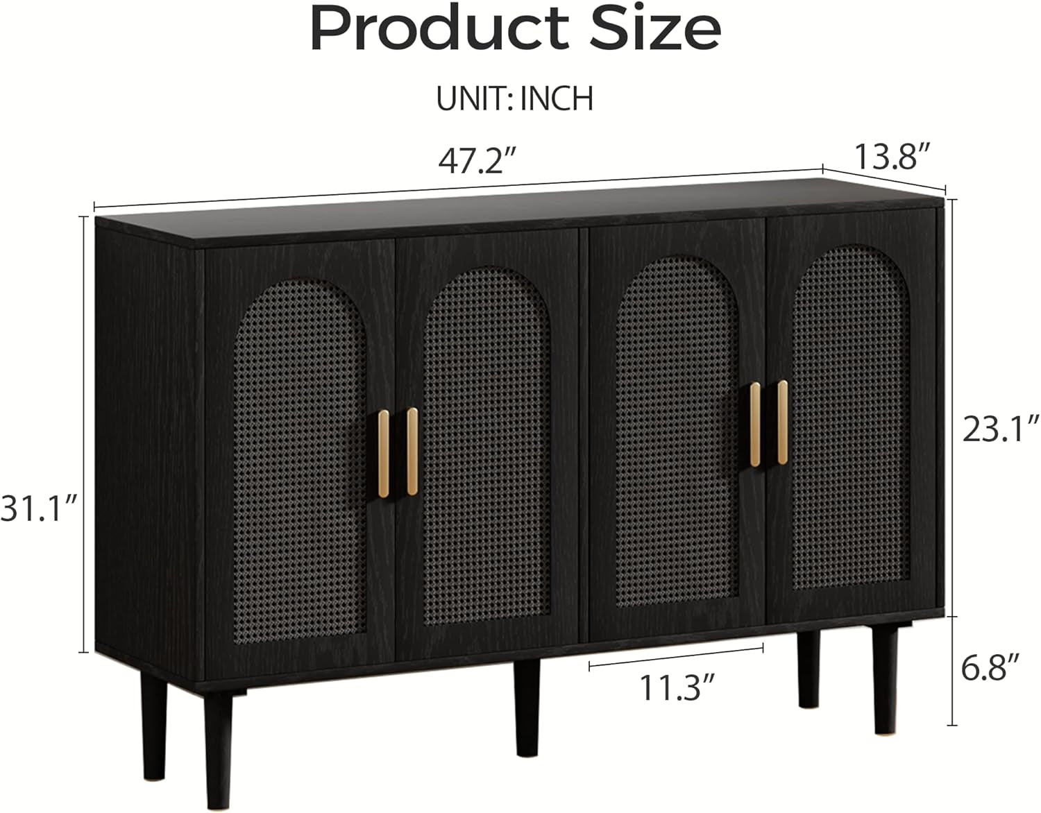 Modern Rattan-Door Sideboard Cabinet – 4-Door Credenza Buffet with Ample Storage, Large Accent Cabinet for Entryway, Living Room, Dining Room & Kitchen, Black & Grey