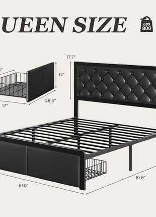 Queen Bed Frame with Upholstered Button-Tufted Headboard, Two Storage Drawers, Integrated Charging Station, Box Spring Not Required, Noise-Free Design, All-Metal Construction, Black