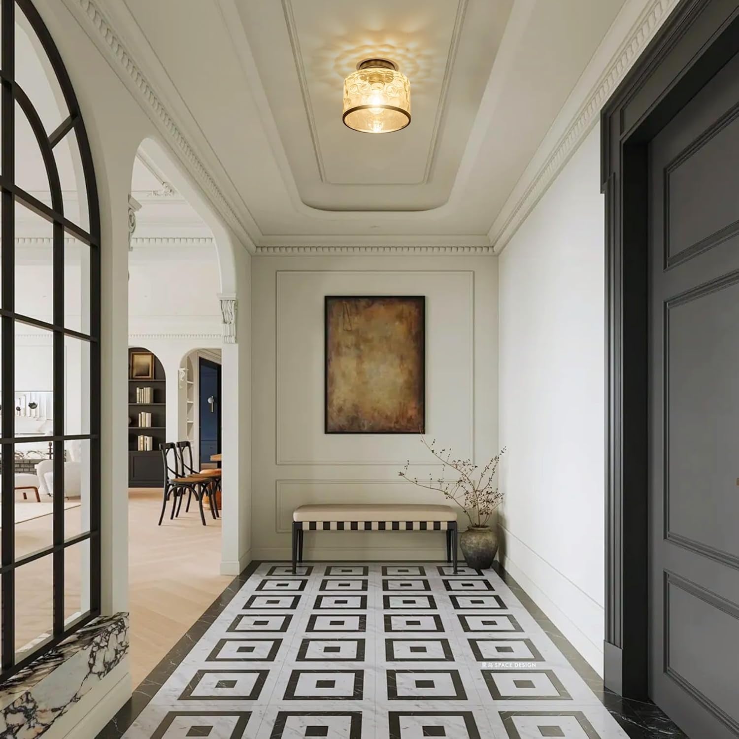 Glass Ceiling Light, Black Semi Flush Mount with Hammered Glass Shade, Farmhouse Light Fixture for Hallway, Bathroom, Entryway, Kitchen,Living Room