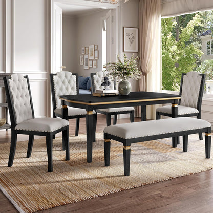 6-Piece Kitchen Dining Table Set, 60" Rectangular Table with 4 High-Back Tufted Upholstered Chairs & 1 Bench, Rubberwood Legs Modern Elegant Farmhouse for Kitchen Room, Black