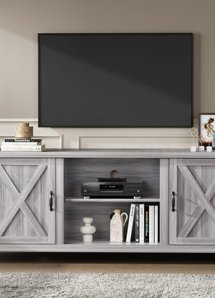Contemporary Farmhouse TV Stand with Dual Barn Doors and Storage Cabinets for Televisions up to 65 Inches, 58-Inch Entertainment Center Console in Gray Wash Finish