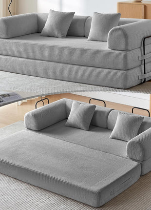 Convertible Sleeper Sofa Bed with Pillow - Corduroy Fabric, High-Density Sponge, Fixed-Shape Frame, Modular Design for Living Room, Lounge, Studio (Light Grey)