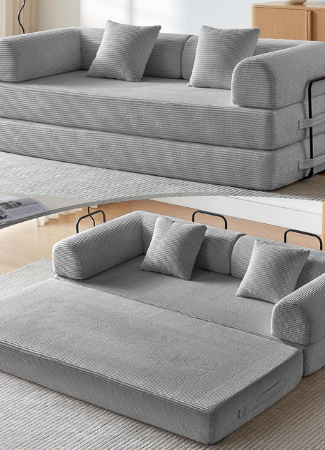 Convertible Sleeper Sofa Bed with Pillow - Corduroy Fabric, High-Density Sponge, Fixed-Shape Frame, Modular Design for Living Room, Lounge, Studio (Light Grey)
