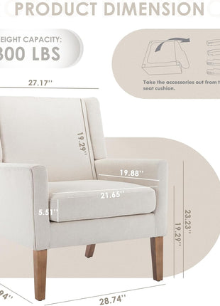 Contemporary Upholstered Wingback Accent Chair with Lounge Seat and Wooden Legs for Office, Bedroom, and Reading Spaces in Beige