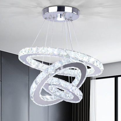 3-Ring Crystal LED Chandelier Modern Ring Pendant Light,47W Cool White (4500K-6000K) K9 Crystal&Stainless Steel, Adjustable Height for Dining Room Kitchen Island Living Room Foyer