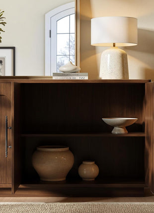 67" Arched Walnut Buffet Cabinet with Storage - Large Mid-Century Modern Credenza with 4 Doors for Kitchen and Living Room (67" x 31.5" x 15.7")