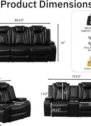 Power Recliner Sectional Sofa Set with LED Lighting, Breathable Leather Upholstery, Storage Console, Cup Holders, Wireless Charging, and Touch Reading Light - 3-Piece Black Sofa for Living Room, Home Theater, and Office