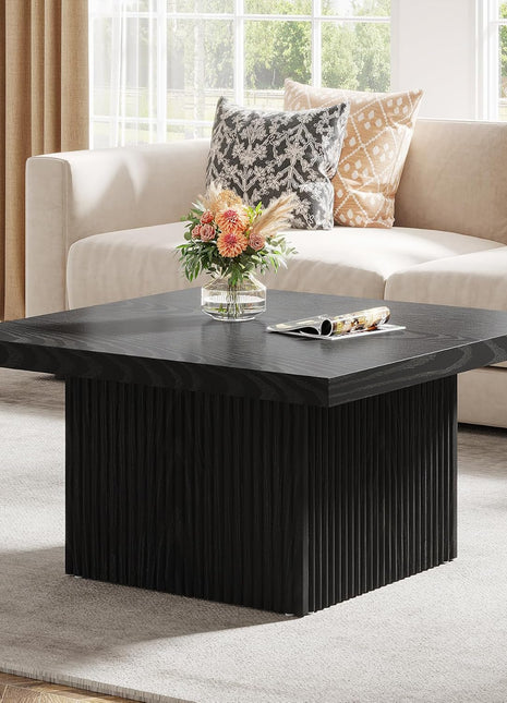 Tribesigns 31.5-Inch Fluted Square Coffee Table in Black Finish, Mid-Century Modern Design, Large Living Room Cocktail Table with Easy Assembly
