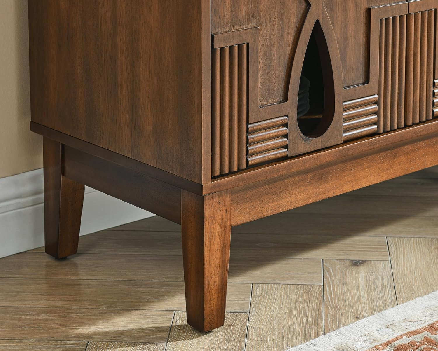 60" Mid Century Modern Sideboard Buffet with Hollow Carved Doors and Outlet Holes,Vintage Accent Cabinet Credenzas Storage Cabinet Walnut