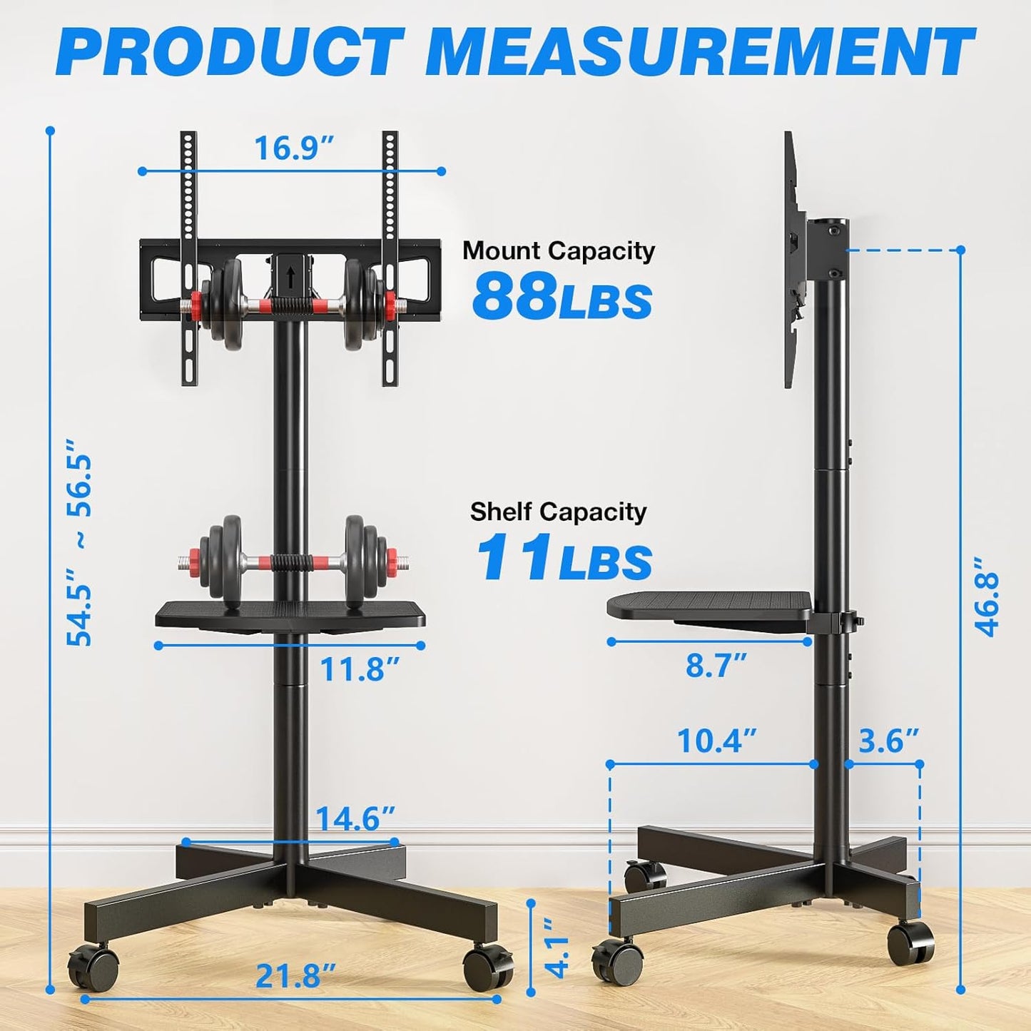 Rolling TV Stand with Shelf for 23-65 Inch Tvs up to 88Lbs, Portable Mobile TV Cart with Silent Wheel, Tilt & Height Adjustable Universal Corner TV Stand for Bedroom, Living Room, Office