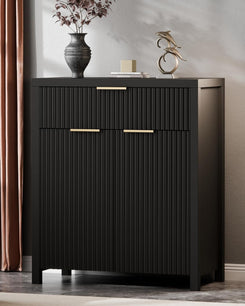 Black Fluted Storage Cabinet with Drawers Buffet Sideboard Cabinet with Adjustable Shelves for Kitchen Living Room, Kitchen, Entryway