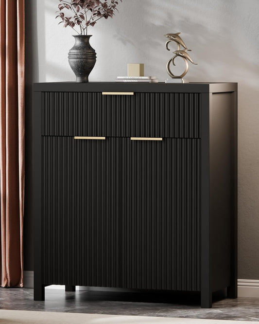 Black Fluted Storage Cabinet with Drawers Buffet Sideboard Cabinet with Adjustable Shelves for Kitchen Living Room, Kitchen, Entryway
