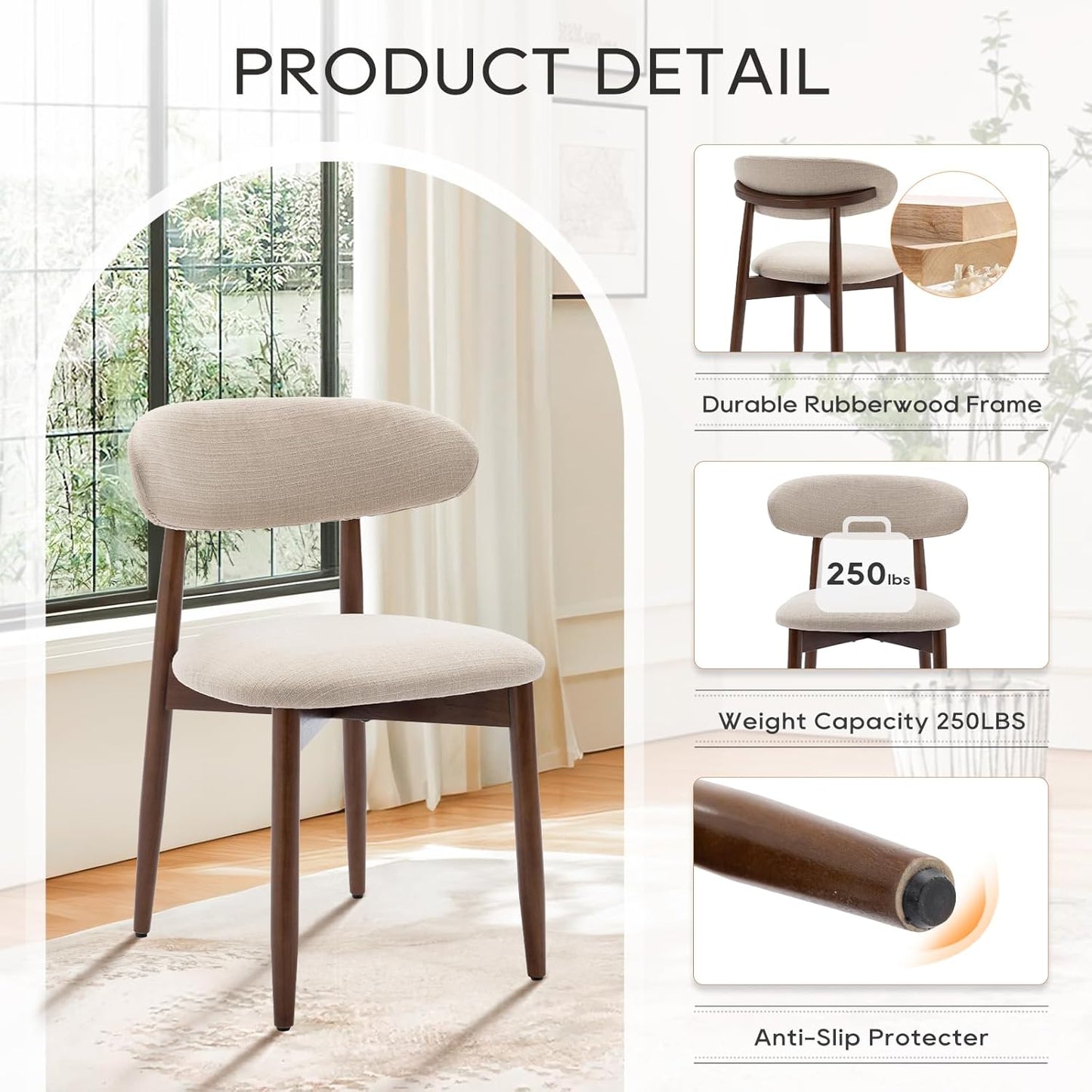 Wooden Dining Chairs Set of 6, Modern Upholstered Fabric Dining Room Chair, Farmhouse Kitchen Side Chairs with Foot Pegs, Beige