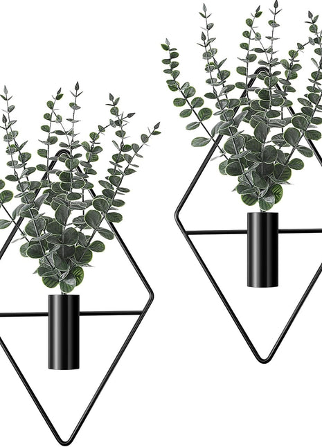 Set of 4 Black Metal Hanging Planters with Artificial Eucalyptus - Contemporary Geometric Boho Wall Decor for Indoor Environments, Perfect for Living Rooms and Home Offices