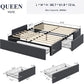 Queen Size Platform Bed Frame with 3 Storage Drawers, Fabric Upholstered, Wooden Slats Support, No Box Spring Needed, Noise Free, Easy Assembly, Dark Grey